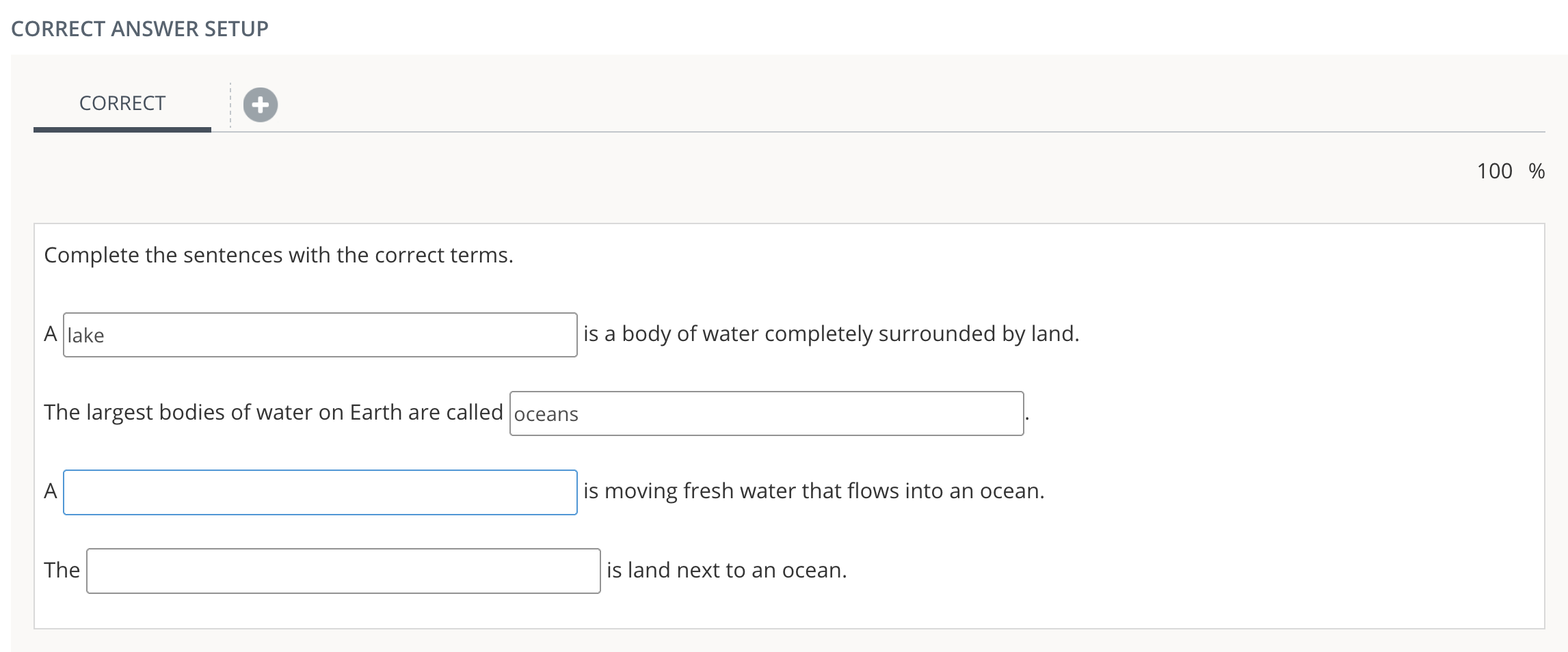 The Correct Answer Setup with a response entered into a blank cell