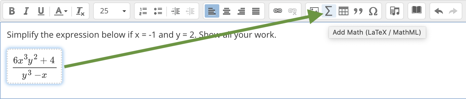 A Question Setup field highlighting the sigma icon to enter a math equation.