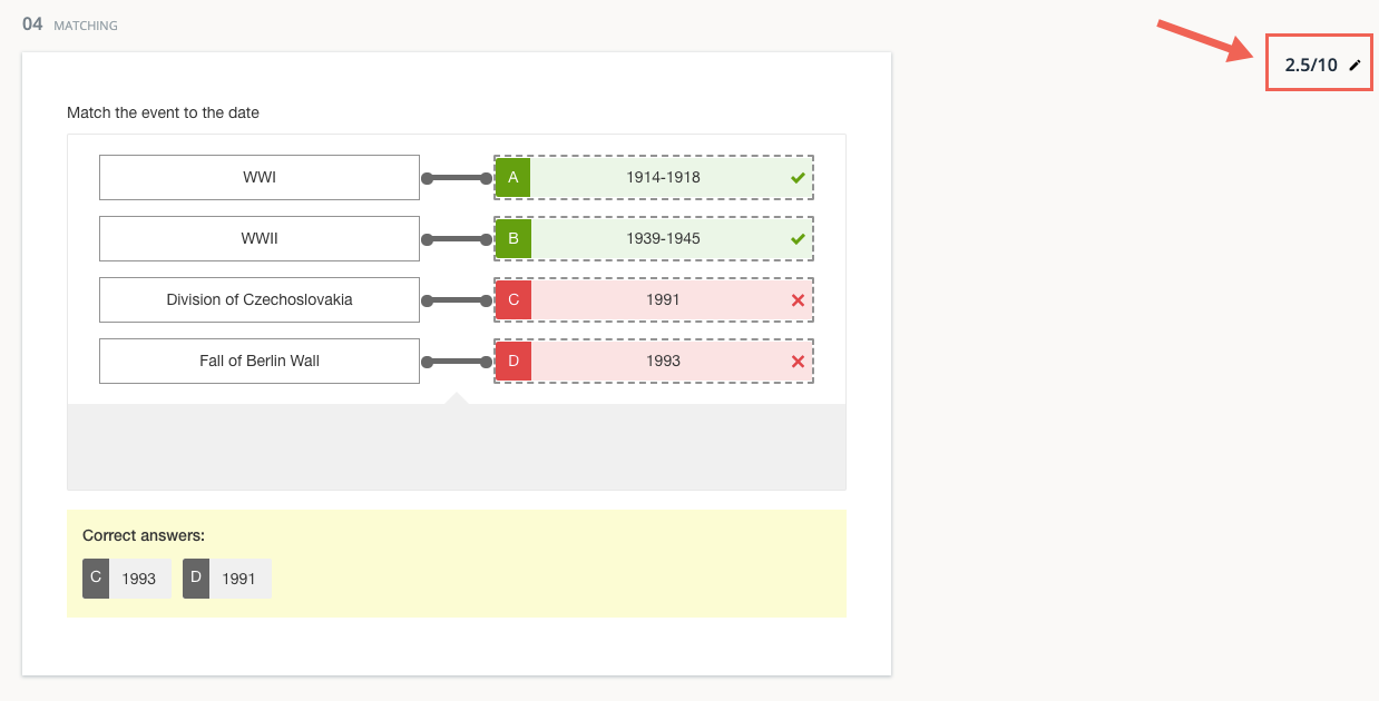 An example of Automatic scoring for a Matching question with Partial Match scoring enabled and Penalty Score set to 50. 