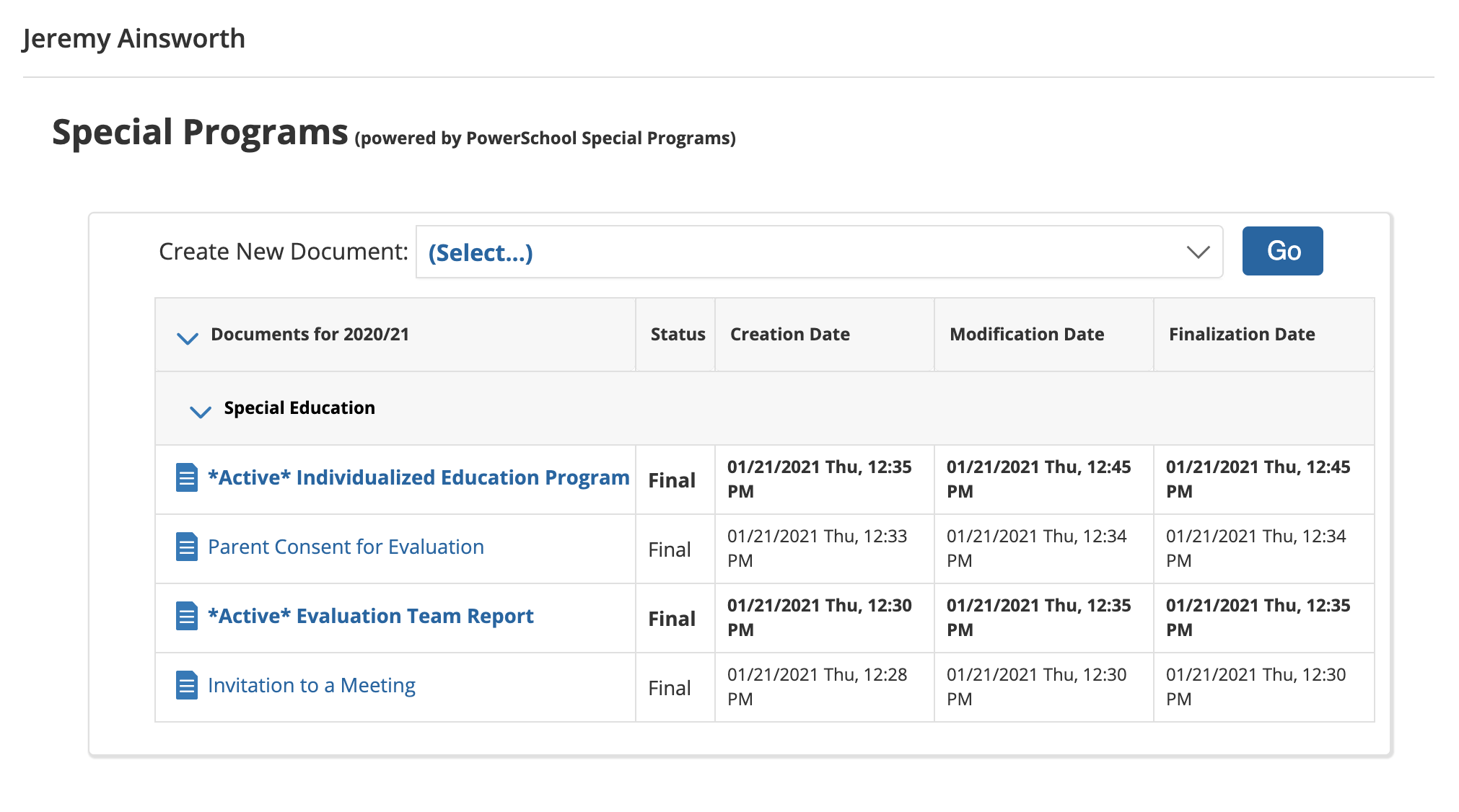 Special Programs from a student's profile page, including documents available to review