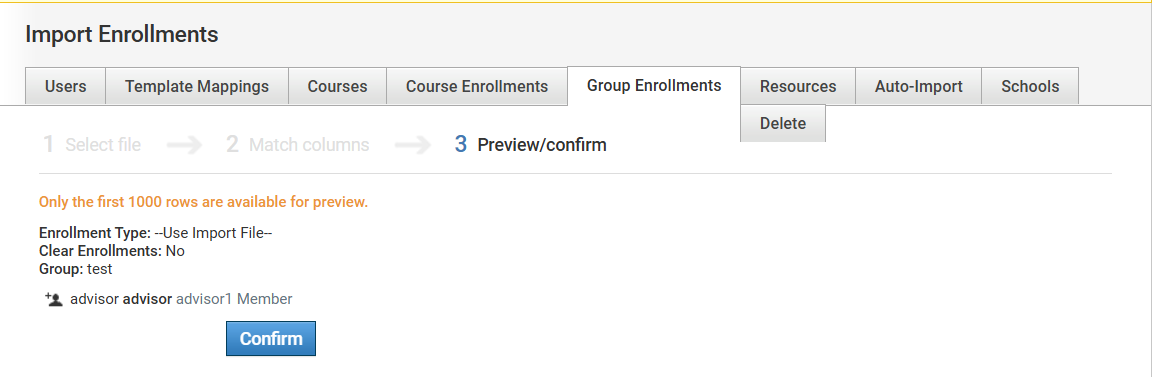 The Preview and confirm page from Group Enrollments with the option to Confirm