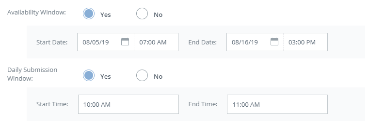 Availability window and daily submission window setup options