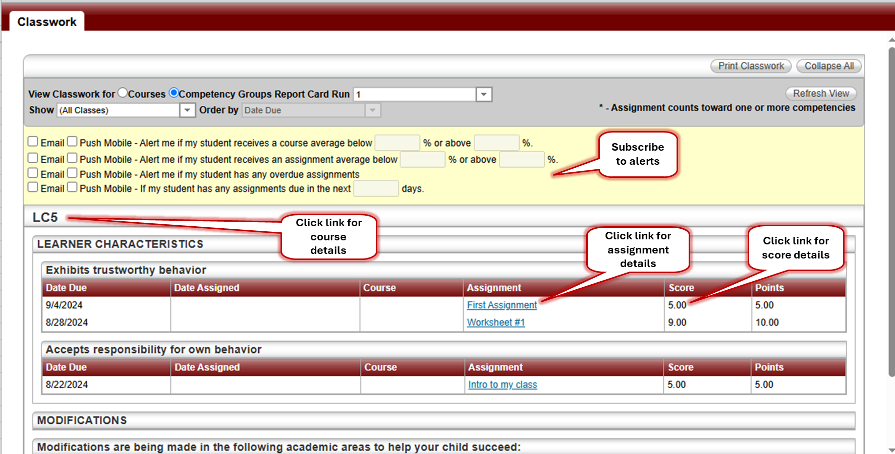 HAC Classwork view for Competency Groups
