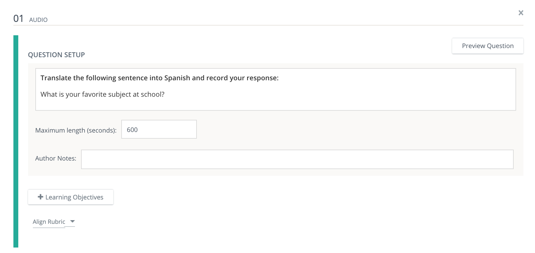 The Question Setup fields from the Audio assessment type