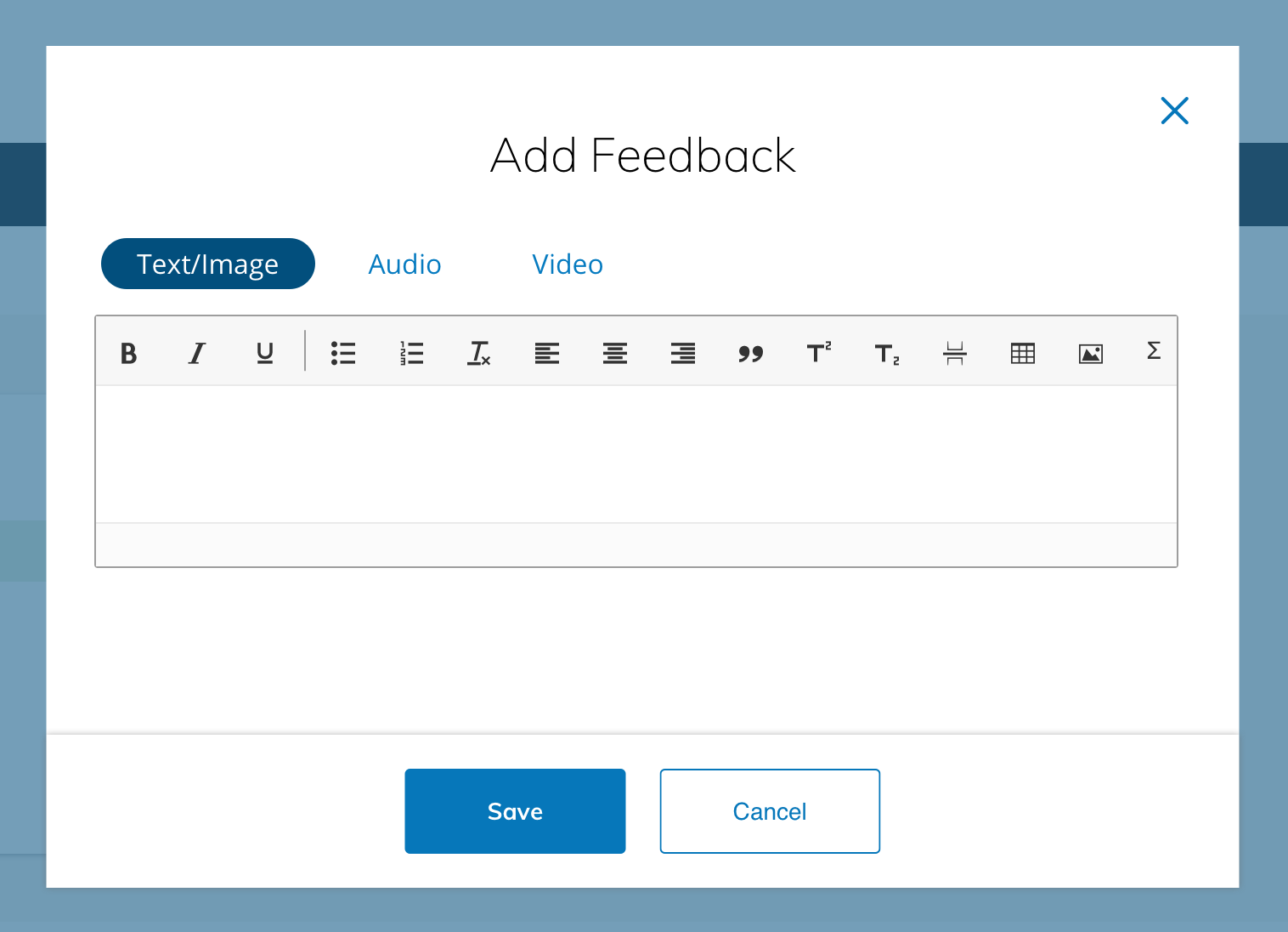 The Add Feedback screen with the options to add Text or Image, Audio, and Video.