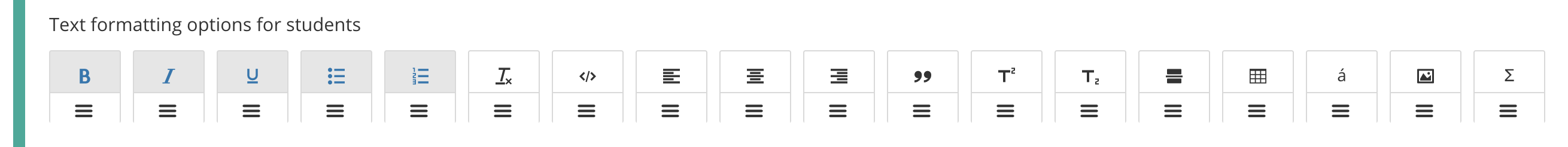 The text formatting options for students with several selected