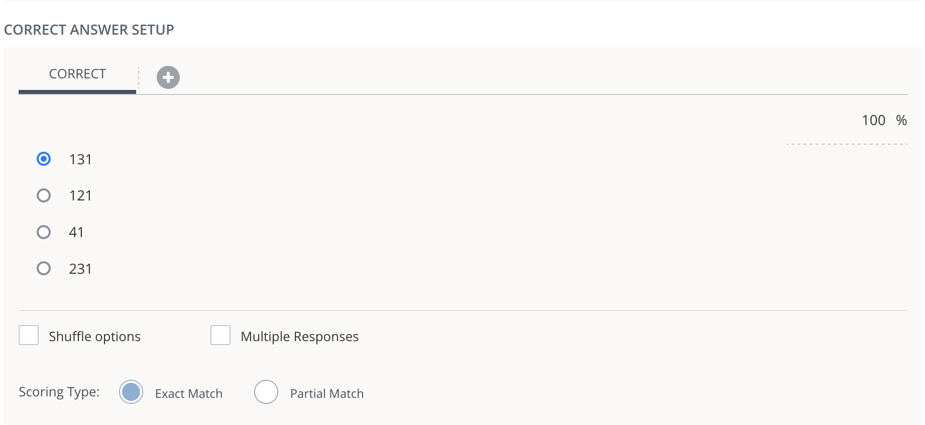 The correct answer selected from Correct Answer Setup, with Shuffle options and Multiple responses unselected