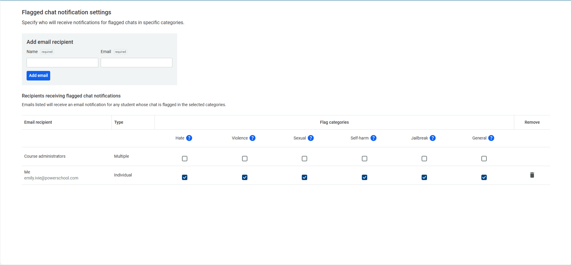 The recipients receiving flagged chat notifications portion of the flagged chat notification settings indicates that the individual user will receive notifications for all flag categories.